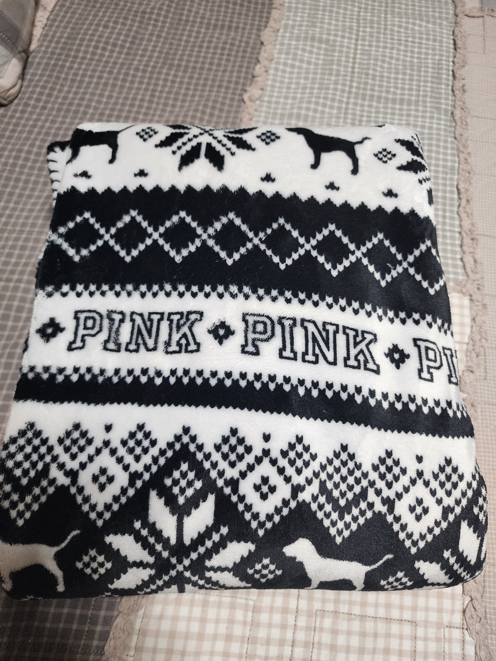 Victoria's Secret pink black and white dog logo blanket